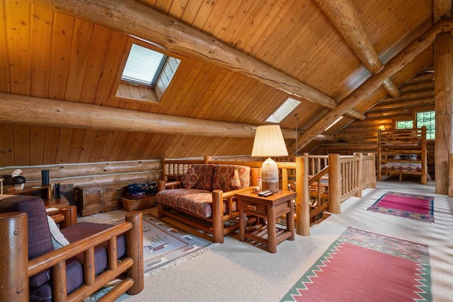 interior space featuring wood ceiling, vaulted ceiling with skylight, log walls, and carpet