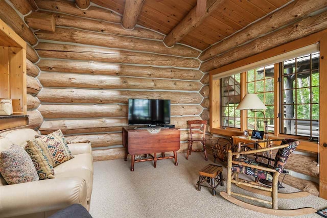 living room featuring wood ceiling, beamed ceiling, rustic walls, and carpet floors