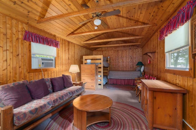 carpeted living room featuring wooden ceiling, cooling unit, ceiling fan, and wooden walls