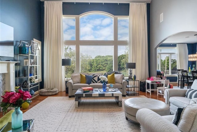 living room with hardwood / wood-style flooring, a healthy amount of sunlight, and a towering ceiling