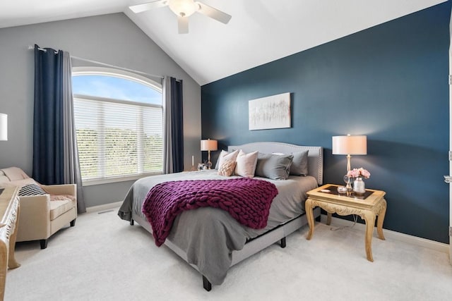 bedroom featuring light colored carpet, ceiling fan, and lofted ceiling