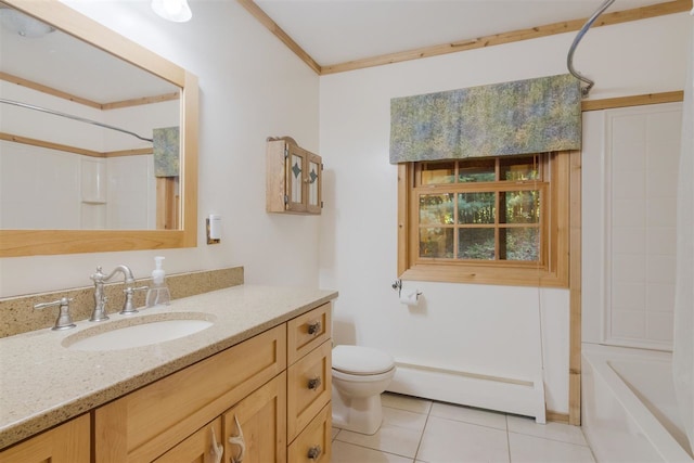 full bathroom featuring tile patterned flooring, toilet, baseboard heating, shower / bath combination, and vanity