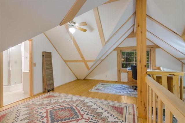 bonus room with vaulted ceiling, ceiling fan, and light hardwood / wood-style floors