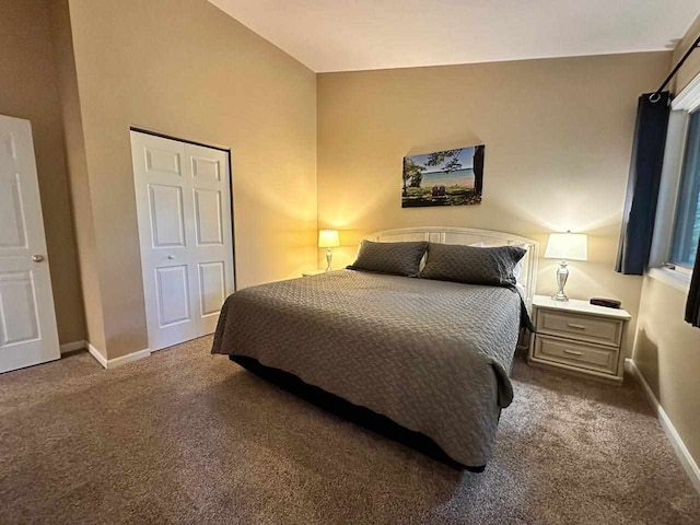 bedroom with carpet flooring, vaulted ceiling, and a closet