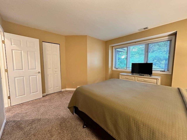 carpeted bedroom with a closet