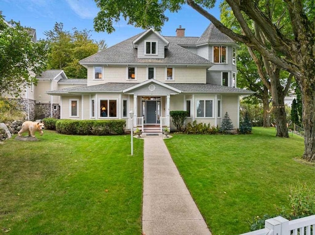 view of front facade with a shingled roof, a front lawn, fence, and a chimney