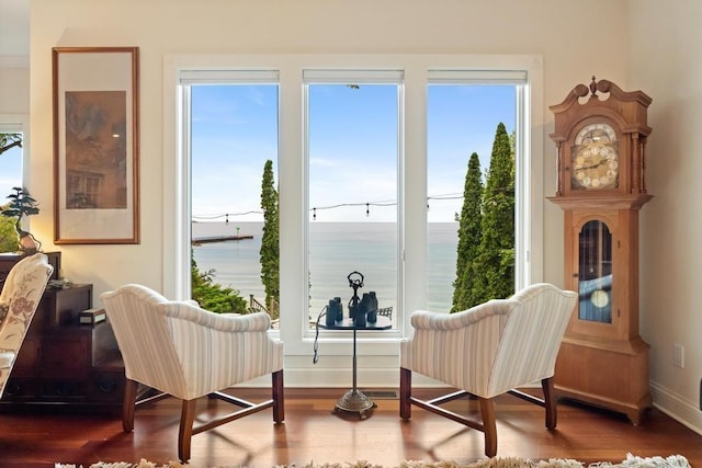 living area with wood finished floors, a water view, and baseboards