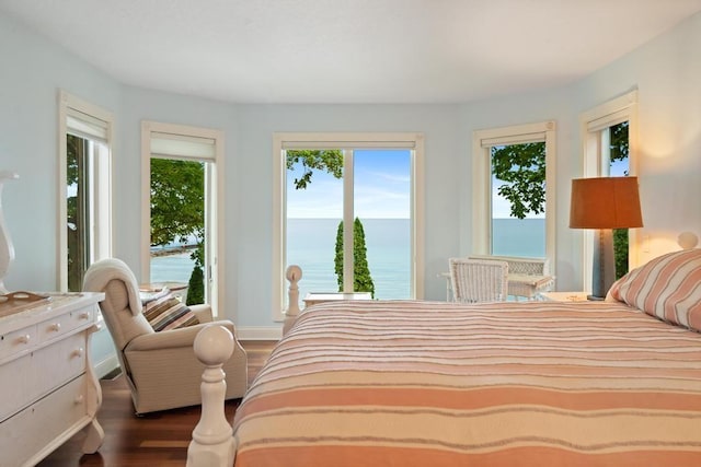 bedroom featuring baseboards, wood finished floors, a water view, and access to outside