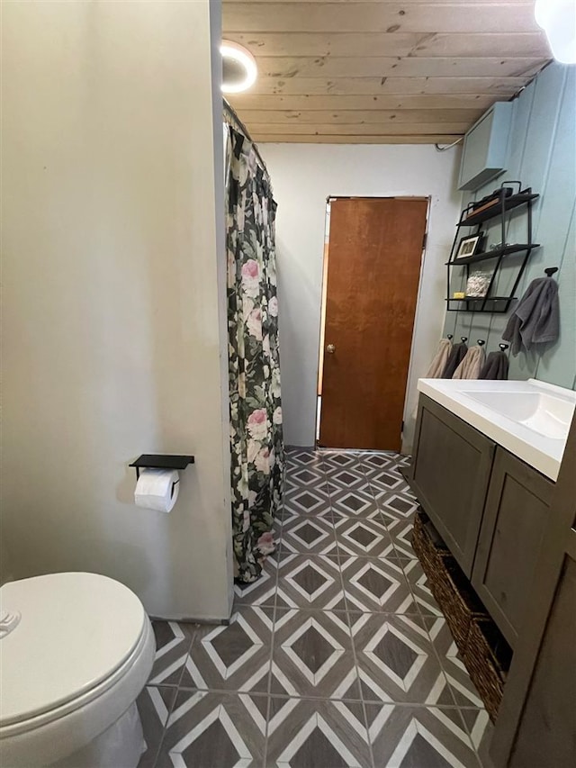 bathroom featuring wooden ceiling, vanity, and toilet