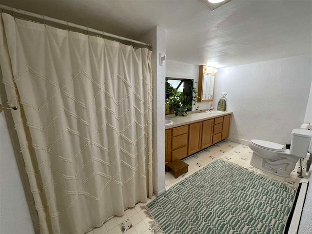 bathroom featuring vanity, toilet, and a shower with curtain