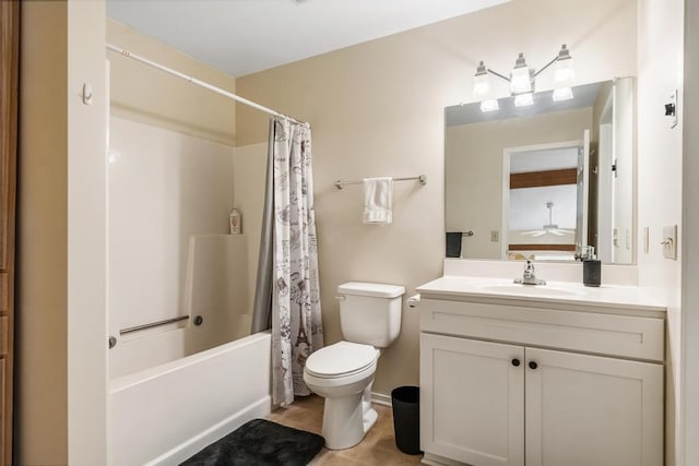 full bathroom featuring vanity, tile patterned flooring, toilet, and shower / tub combo with curtain