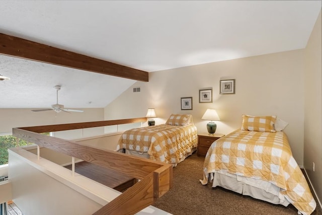 carpeted bedroom with lofted ceiling with beams and ceiling fan