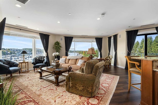 living room featuring dark hardwood / wood-style flooring and a wealth of natural light