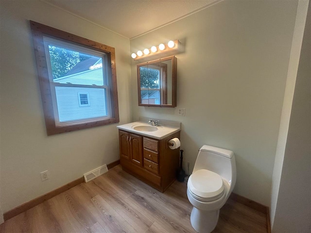 bathroom featuring vanity, toilet, and hardwood / wood-style flooring