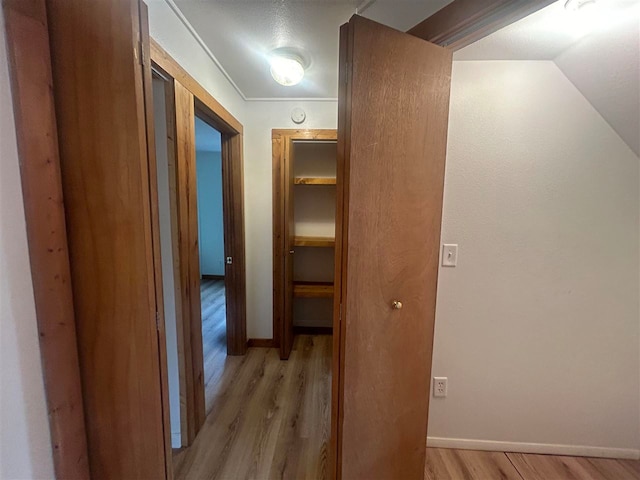 hallway with light hardwood / wood-style flooring and ornamental molding