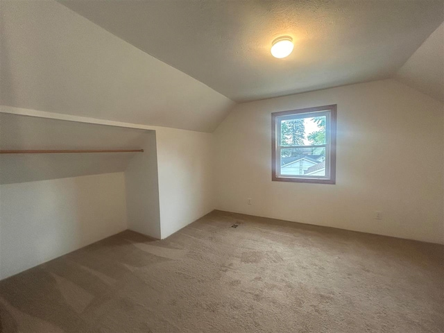 additional living space featuring lofted ceiling, a textured ceiling, and carpet flooring