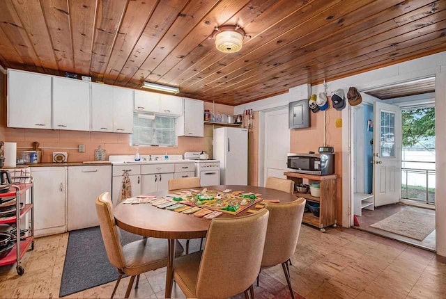 dining room with wood ceiling and sink