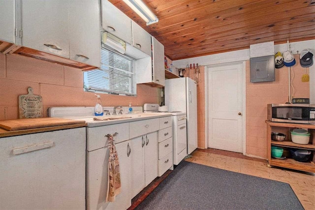 kitchen with white appliances, wood ceiling, white cabinetry, and electric panel