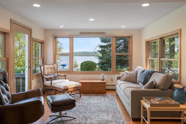 living room featuring a baseboard heating unit, light wood-type flooring, a water view, and a wealth of natural light