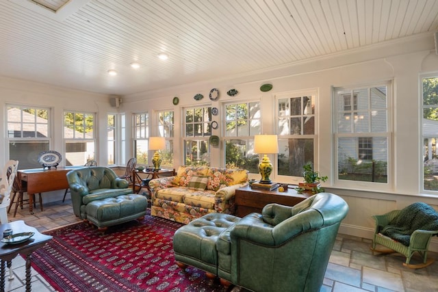 sunroom with wood ceiling