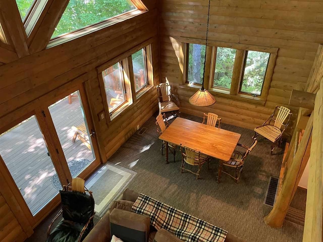 living room featuring a healthy amount of sunlight and wooden walls