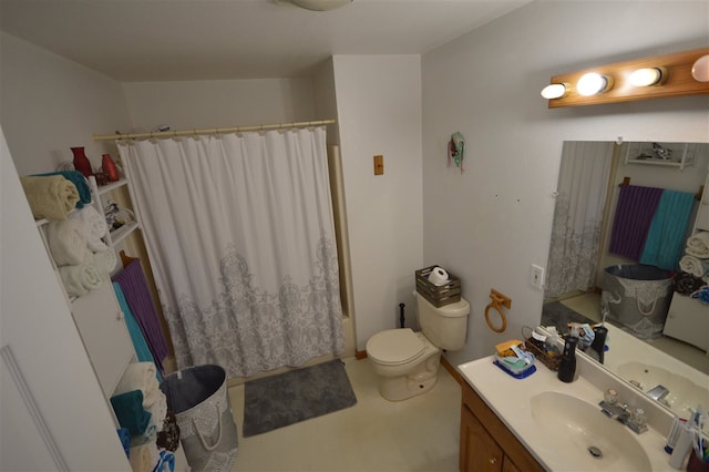 full bathroom with vanity, toilet, and shower / bath combo with shower curtain