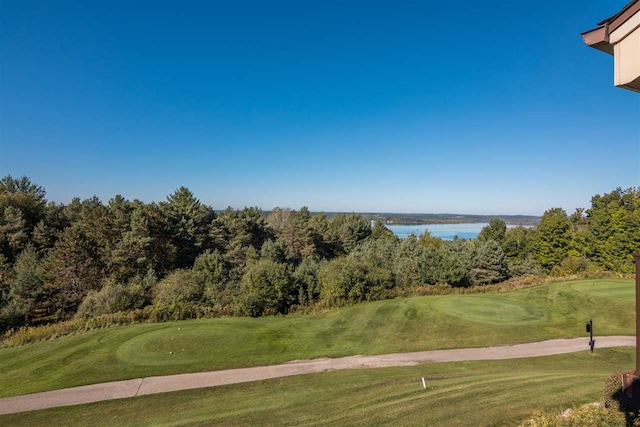 view of property's community featuring a yard and a water view