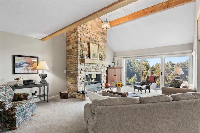 living room featuring a textured ceiling, beam ceiling, a fireplace, high vaulted ceiling, and carpet