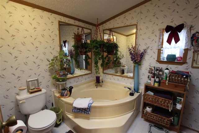 bathroom featuring toilet, a bathtub, ornamental molding, a textured ceiling, and tile patterned flooring