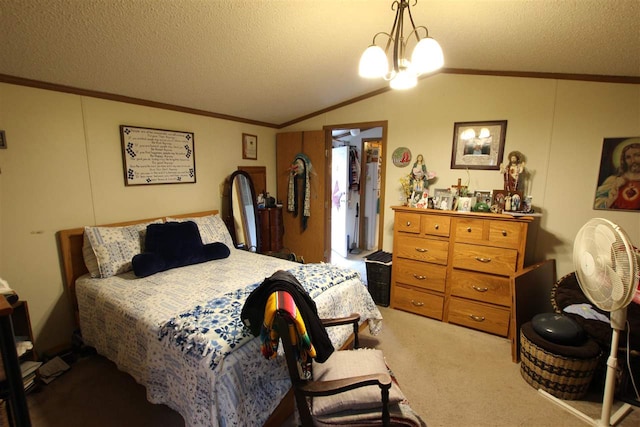 carpeted bedroom featuring a textured ceiling, lofted ceiling, and an inviting chandelier