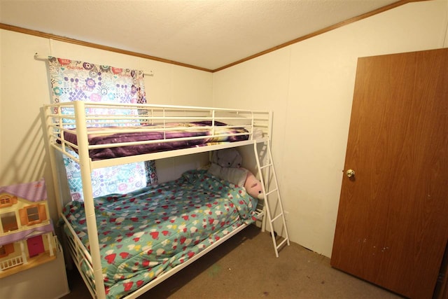 bedroom with ornamental molding, dark colored carpet, a textured ceiling, and vaulted ceiling