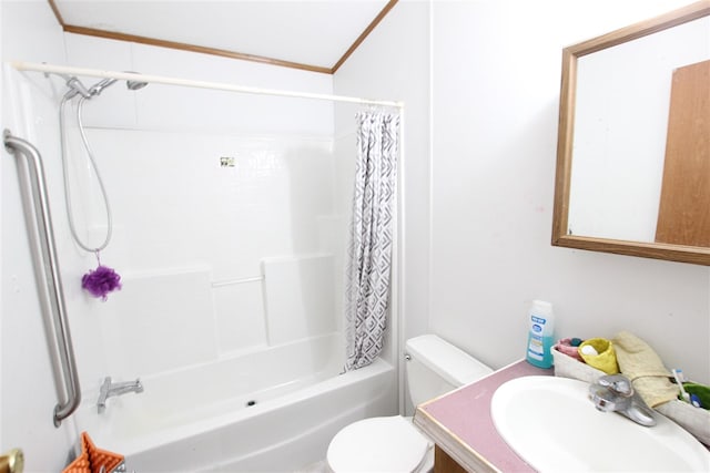 full bathroom featuring shower / bath combo, vanity, toilet, and ornamental molding