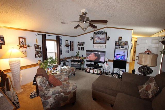 living room featuring a textured ceiling, lofted ceiling, ceiling fan, and carpet floors