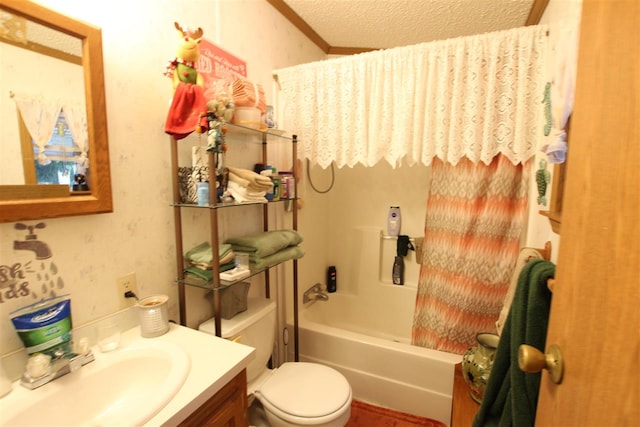 full bathroom featuring shower / bath combo, a textured ceiling, crown molding, vanity, and toilet