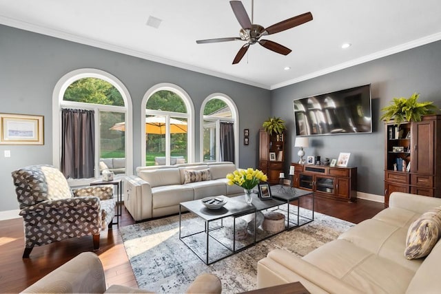 290 Mitchell Hills Dr, Petoskey, MI 49770 - living area with wood finished floors, ceiling fan, baseboards, crown molding, and recessed lighting