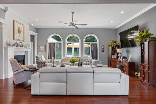 290 Mitchell Hills Dr, Petoskey, MI 49770 - living room featuring a ceiling fan, a lit fireplace, healthy amount of natural light, recessed lighting, and dark wood-style floors