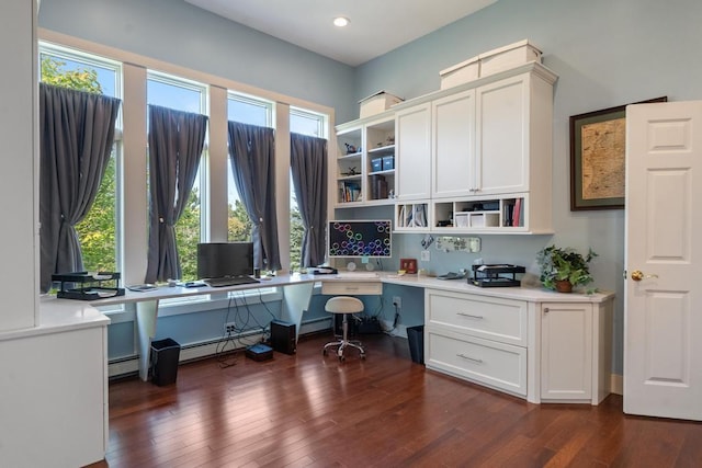 290 Mitchell Hills Dr, Petoskey, MI 49770 - home office with built in desk, plenty of natural light, baseboard heating, dark wood finished floors, and recessed lighting