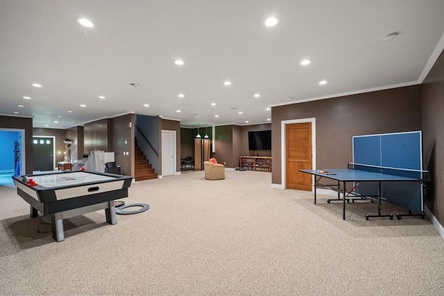 290 Mitchell Hills Dr, Petoskey, MI 49770 - recreation room with light carpet, ornamental molding, recessed lighting, and baseboards