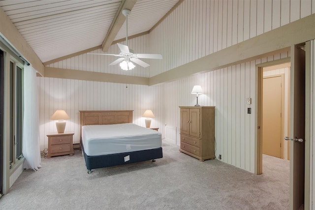 carpeted bedroom with high vaulted ceiling, beam ceiling, and ceiling fan