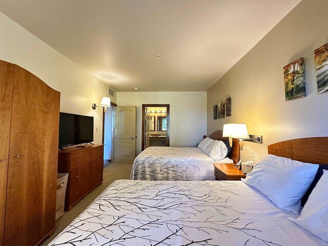 carpeted bedroom featuring connected bathroom and a closet