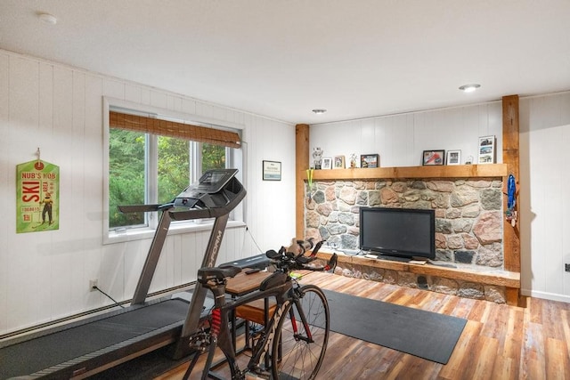 workout area featuring wooden walls and hardwood / wood-style floors