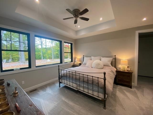 carpeted bedroom with a tray ceiling and ceiling fan