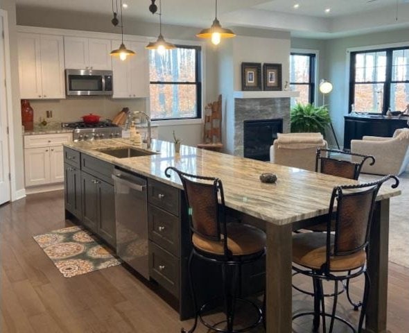 kitchen featuring hanging light fixtures, stainless steel appliances, white cabinets, dark wood-type flooring, and light stone counters