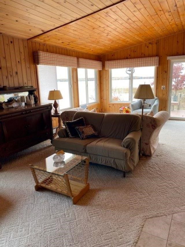 tiled living room with wood ceiling and a healthy amount of sunlight