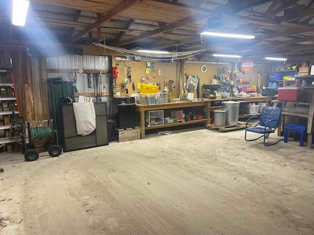 basement with a workshop area