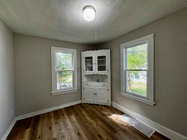 unfurnished dining area with dark wood-type flooring, a textured ceiling, and a healthy amount of sunlight