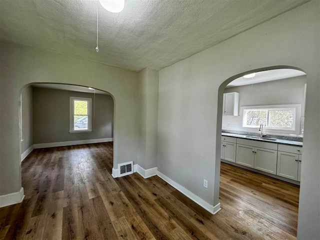 spare room featuring a textured ceiling, plenty of natural light, sink, and dark hardwood / wood-style floors