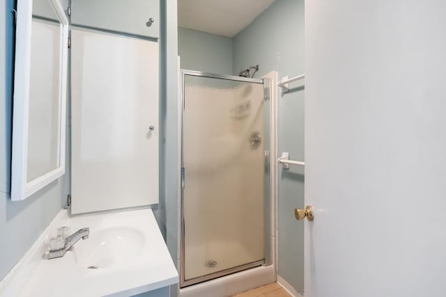 bathroom with vanity and a shower with shower door