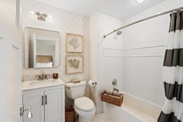 full bathroom featuring decorative backsplash, shower / bathtub combination with curtain, toilet, vanity, and tile patterned flooring