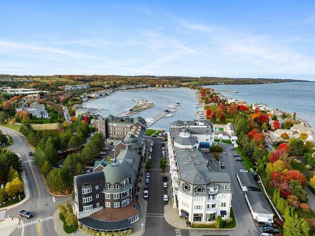 aerial view featuring a water view